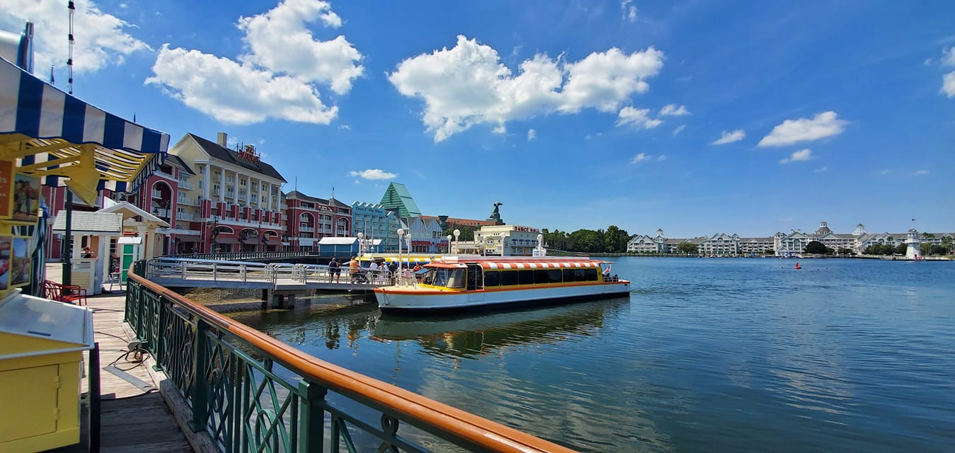 Disney DVC Boardwalk Villas shops and lake with boat