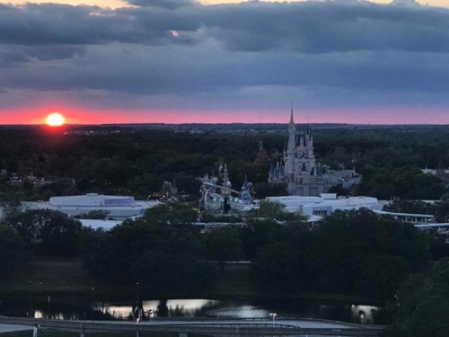Disney DVC Bay Lake Tower view of Magic Kingdom at sunset