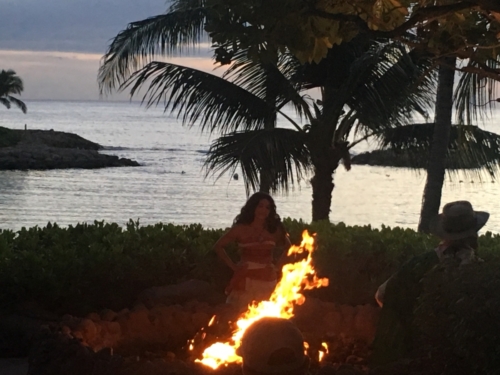 Disney DVC Aulani Hawaii fire pit at night with ocean backdrop