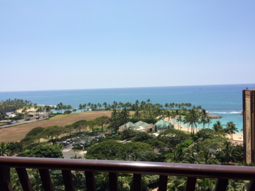 Disney DVC Aulani Hawaii ocean view and resort grounds from balcony