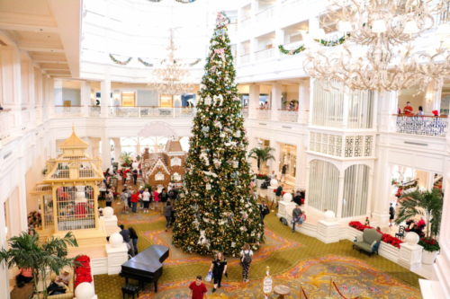 Disney DVC Grand Floridian view of lobby with Christmas tree and gingerbread house